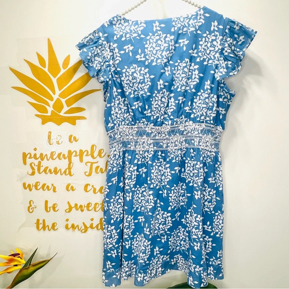 SAIL TO SABLE Blue Floral Flutter Ruffle Sleeve Smock Waist Mini Dress Large - Picture 13 of 13